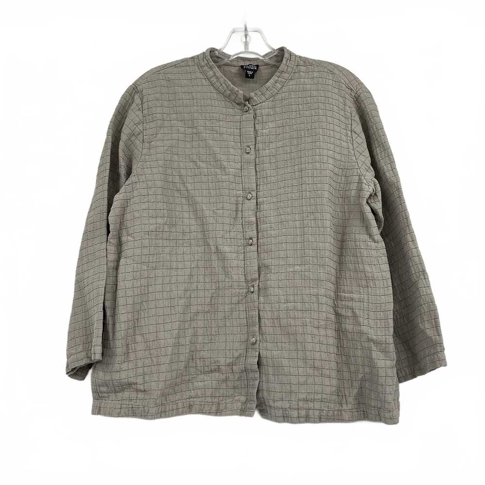 Eileen Fisher Gray Silk Linen Grid Blouse | Women’s L